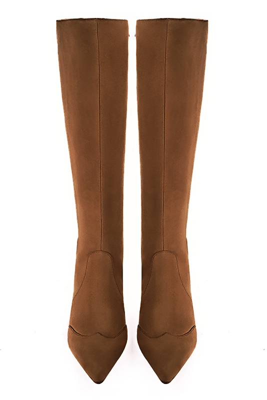 Caramel brown women's feminine knee-high boots. Pointed toe. Medium block heels. Made to measure. Top view - Florence KOOIJMAN